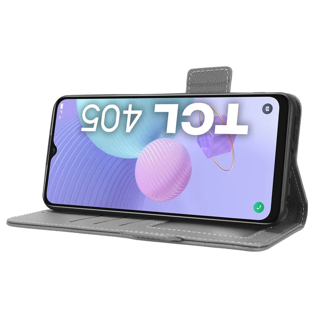 For TCL 405 / 406 / T506D Dual Magnetic Clasp PU Leather Smartphone Case Foldable Stand Litchi Texture Phone Flip Wallet Cover - Grey - 3