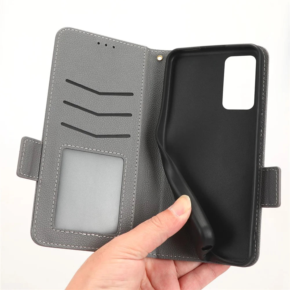 For TCL 405 / 406 / T506D Dual Magnetic Clasp PU Leather Smartphone Case Foldable Stand Litchi Texture Phone Flip Wallet Cover - Grey - 4