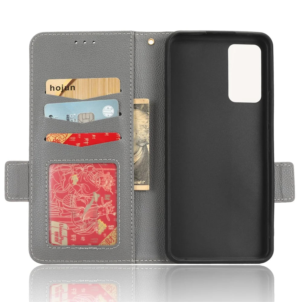 For TCL 405 / 406 / T506D Dual Magnetic Clasp PU Leather Smartphone Case Foldable Stand Litchi Texture Phone Flip Wallet Cover - Grey - 5