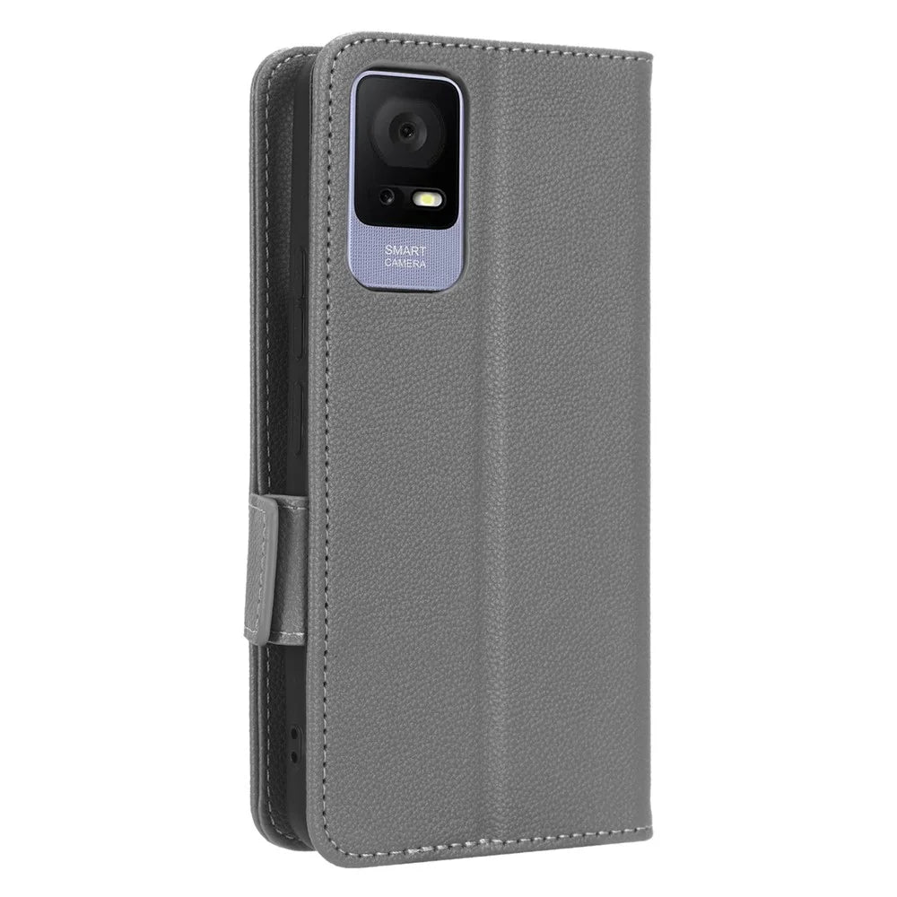 For TCL 405 / 406 / T506D Dual Magnetic Clasp PU Leather Smartphone Case Foldable Stand Litchi Texture Phone Flip Wallet Cover - Grey - 6