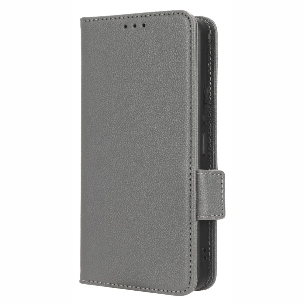For TCL 405 / 406 / T506D Dual Magnetic Clasp PU Leather Smartphone Case Foldable Stand Litchi Texture Phone Flip Wallet Cover - Grey - 7