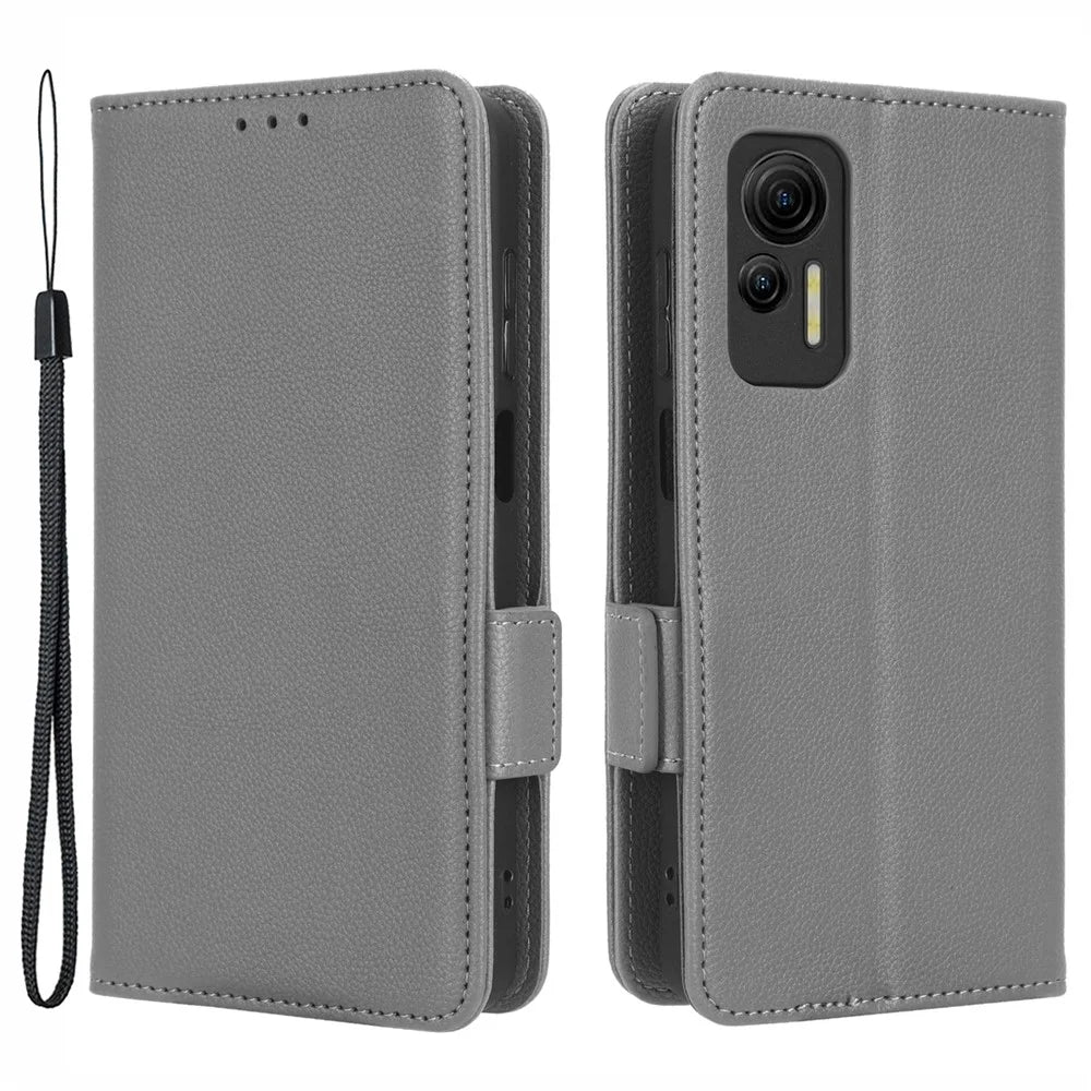 For Ulefone Note 14 Litchi Texture Anti-drop PU Leather Phone Case Dual Magnetic Clasp Anti-scratch Phone Cover Wallet Stand - Grey - 1