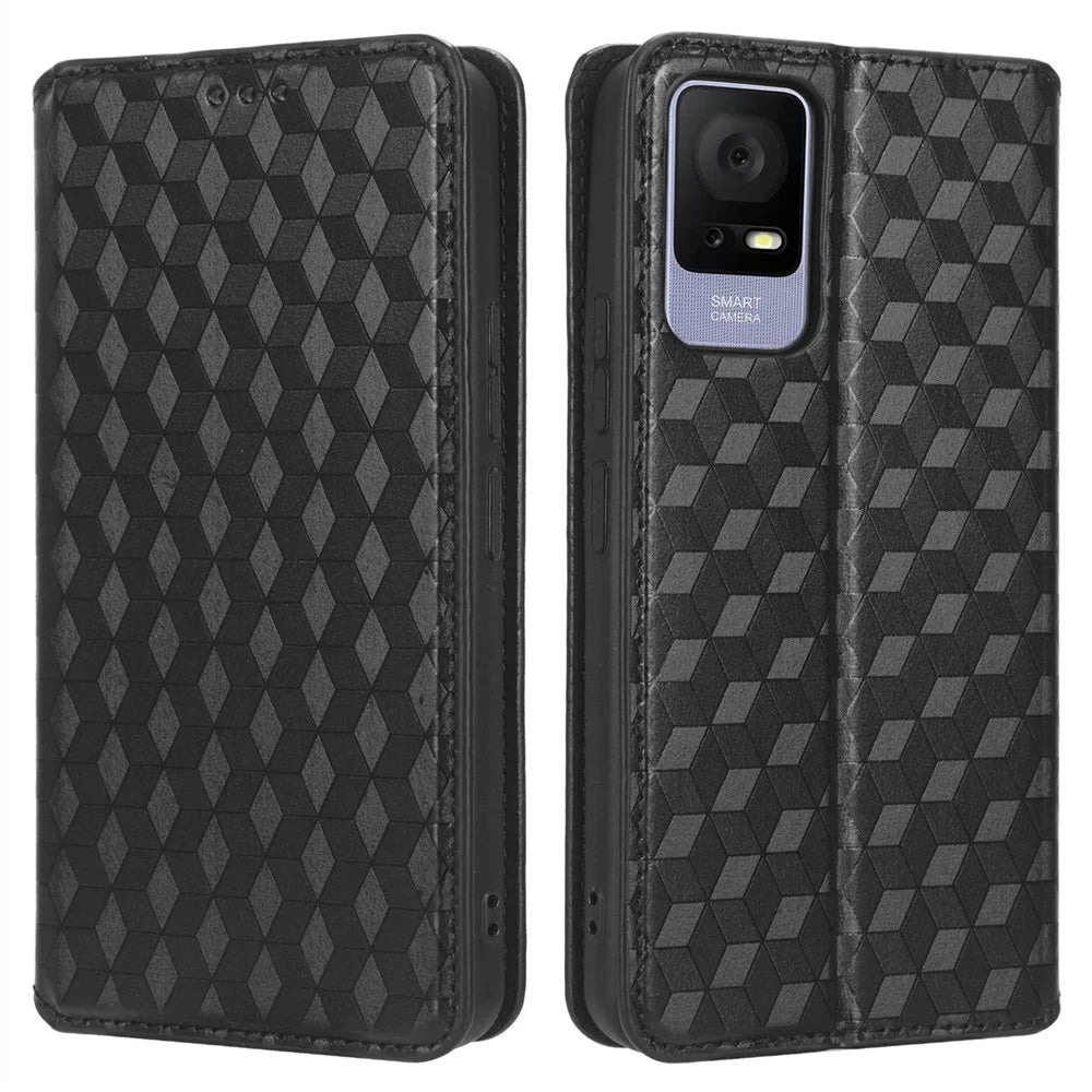 For TCL 405 / 406 / T506D Rhombus Pattern Imprinted PU Leather Protective Flip Phone Wallet Cover Stand Magnetic Auto-absorbed Anti-scratch Phone Case - Black - 1