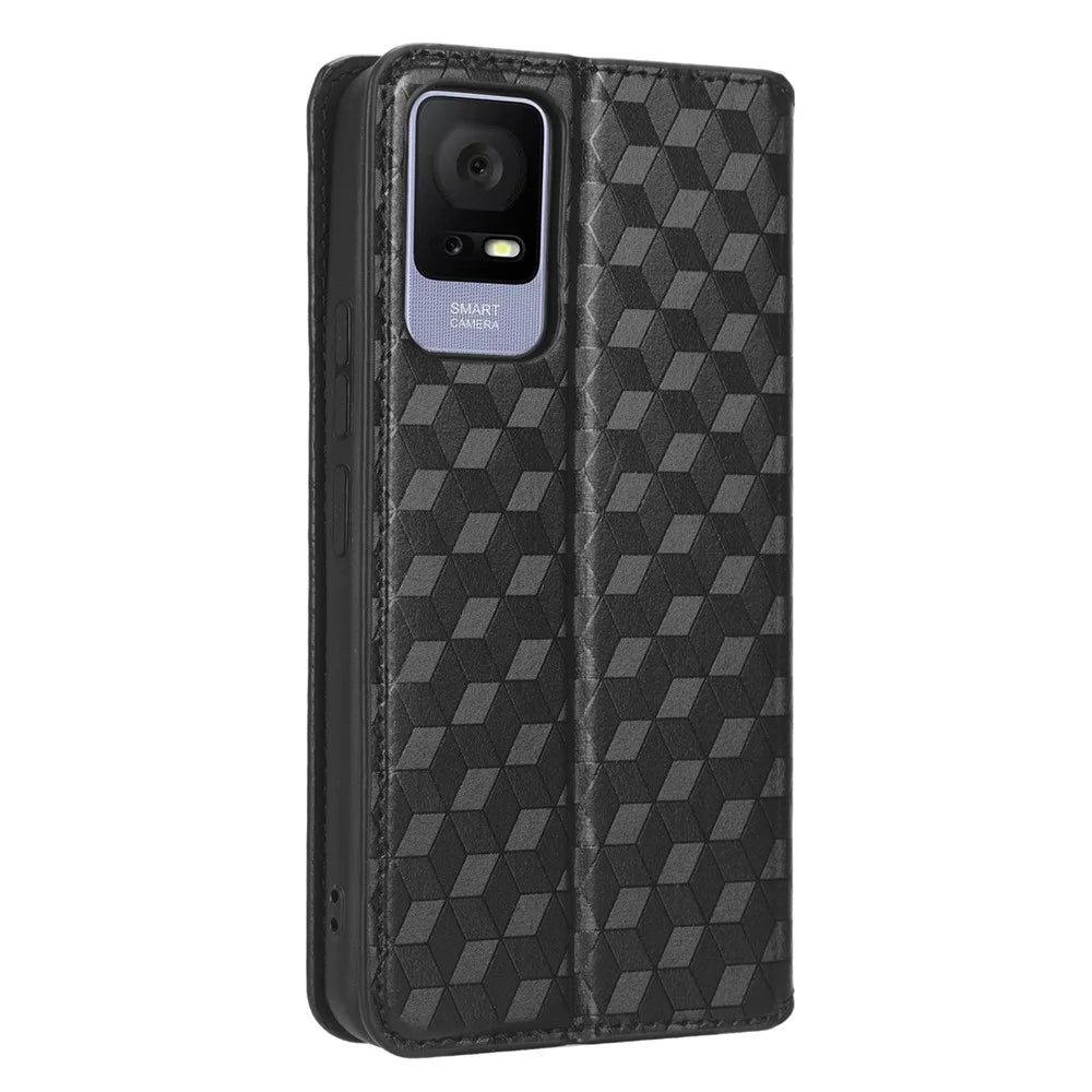 For TCL 405 / 406 / T506D Rhombus Pattern Imprinted PU Leather Protective Flip Phone Wallet Cover Stand Magnetic Auto-absorbed Anti-scratch Phone Case - Black - 6