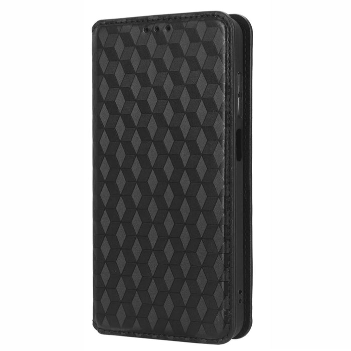 For Ulefone Note 14 Rhombus Pattern Imprinted Drop-proof Phone Case Magnetic Auto Closing PU Leather Wallet Stand Anti-scratch Phone Cover - Black - 7