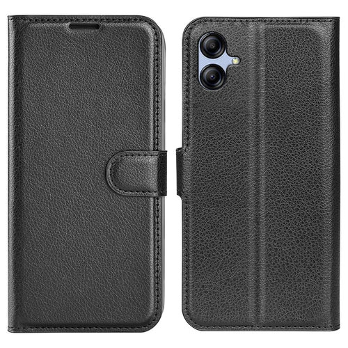 Phone Stand Wallet Cover for Samsung Galaxy A04e 4G / F04 4G / M04 4G , Litchi Texture PU Leather Anti-scratch Phone Flip Case - Black - 1