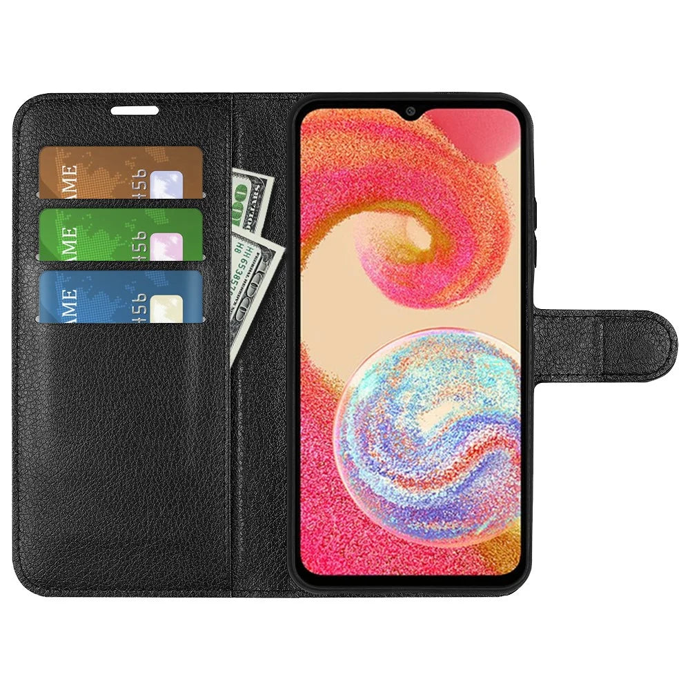 Phone Stand Wallet Cover for Samsung Galaxy A04e 4G / F04 4G / M04 4G , Litchi Texture PU Leather Anti-scratch Phone Flip Case - Black - 2