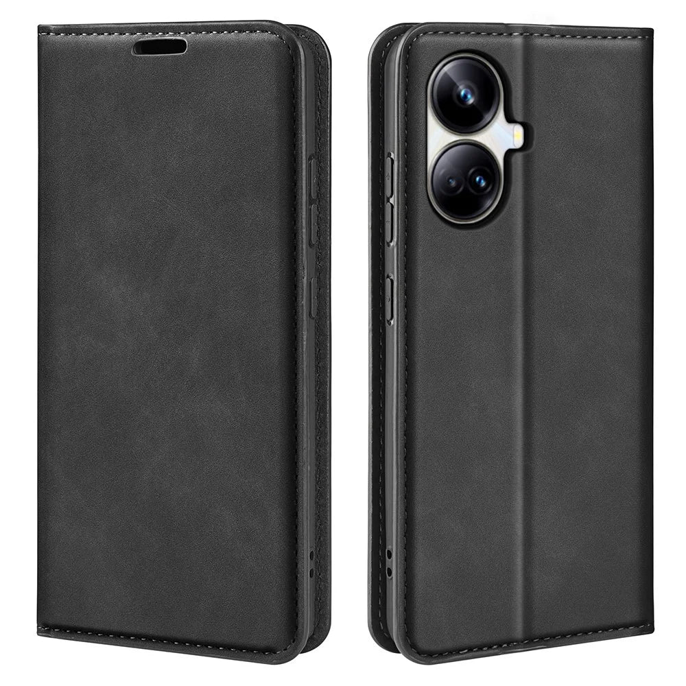 For Realme 10 Pro+ 5G PU Leather Magnetic Absorption Wallet Case Skin-touch Feeling Anti-Scratch Flip Stand Phone Cover - Black - 1