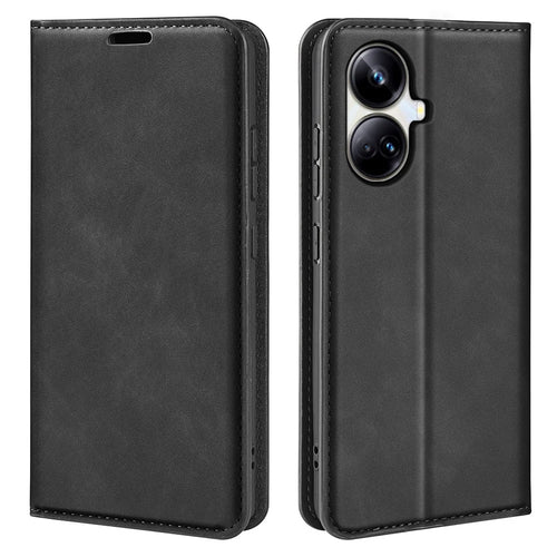 For Realme 10 Pro+ 5G PU Leather Magnetic Absorption Wallet Case Skin-touch Feeling Anti-Scratch Flip Stand Phone Cover - Black - 1