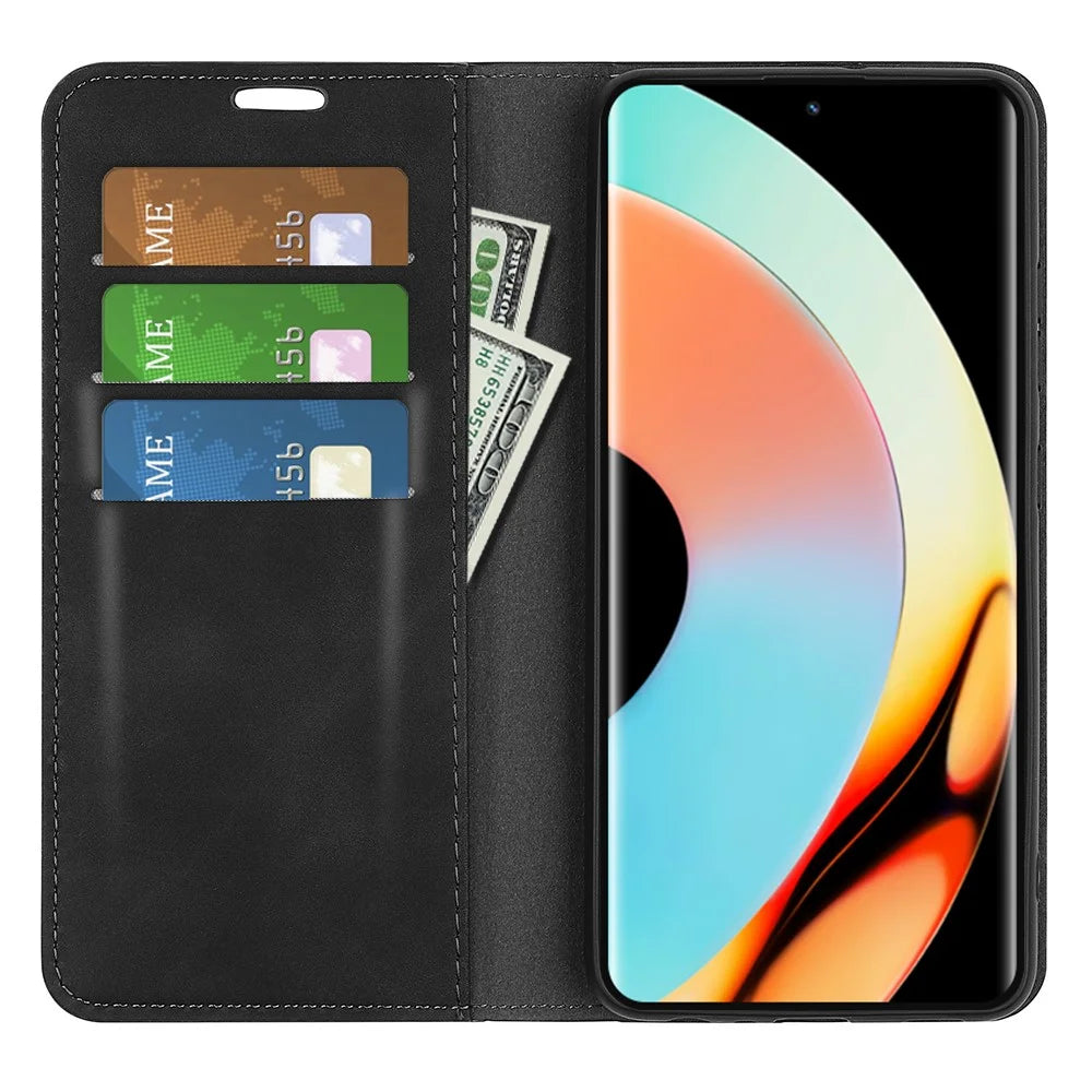 For Realme 10 Pro+ 5G PU Leather Magnetic Absorption Wallet Case Skin-touch Feeling Anti-Scratch Flip Stand Phone Cover - Black - 2