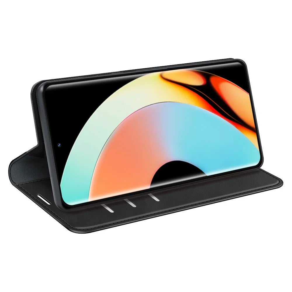For Realme 10 Pro+ 5G PU Leather Magnetic Absorption Wallet Case Skin-touch Feeling Anti-Scratch Flip Stand Phone Cover - Black - 3