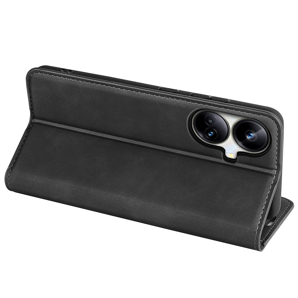 For Realme 10 Pro+ 5G PU Leather Magnetic Absorption Wallet Case Skin-touch Feeling Anti-Scratch Flip Stand Phone Cover - Black - 4