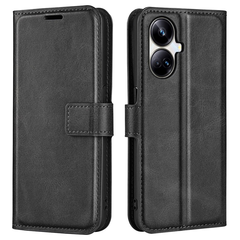 For Realme 10 Pro+ 5G PU Leather Stand Wallet Case Calf Texture Square Magnetic Clasp Shockproof Phone Cover - Black - 1