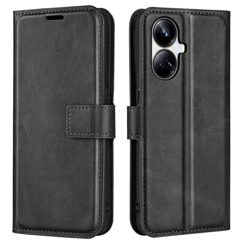 For Realme 10 Pro+ 5G PU Leather Stand Wallet Case Calf Texture Square Magnetic Clasp Shockproof Phone Cover - Black - 1