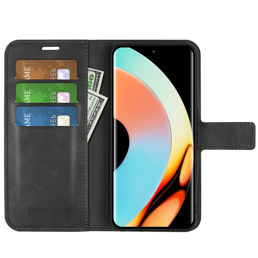 For Realme 10 Pro+ 5G PU Leather Stand Wallet Case Calf Texture Square Magnetic Clasp Shockproof Phone Cover - Black - 2