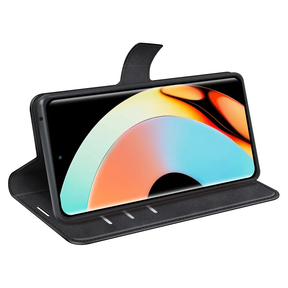 For Realme 10 Pro+ 5G PU Leather Stand Wallet Case Calf Texture Square Magnetic Clasp Shockproof Phone Cover - Black - 3