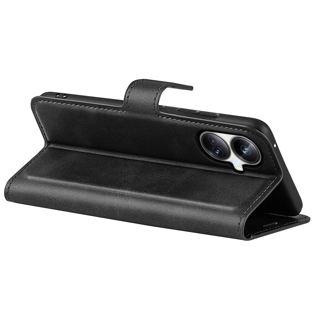 For Realme 10 Pro+ 5G PU Leather Stand Wallet Case Calf Texture Square Magnetic Clasp Shockproof Phone Cover - Black - 4