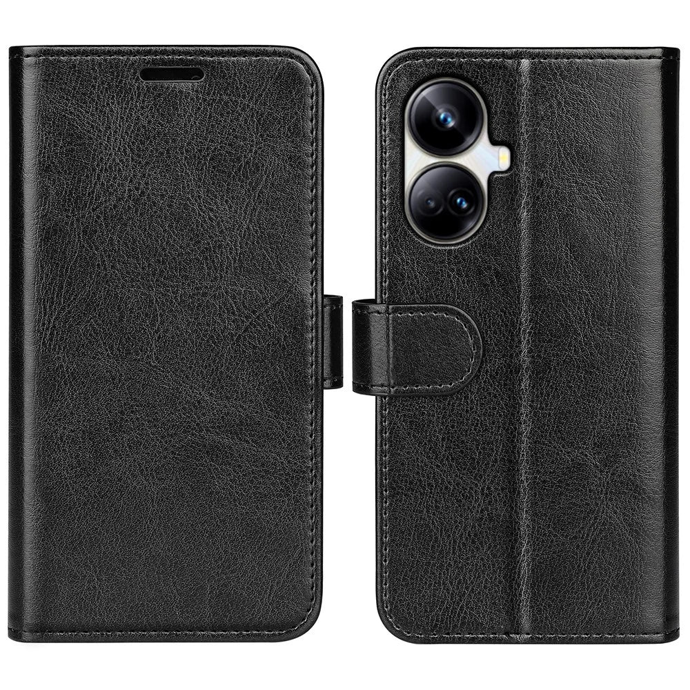 For Realme 10 Pro+ 5G Anti-Fingerprint PU Leather Coated TPU Phone Wallet Cover Crazy Horse Texture Flip Stand Case - Black - 1