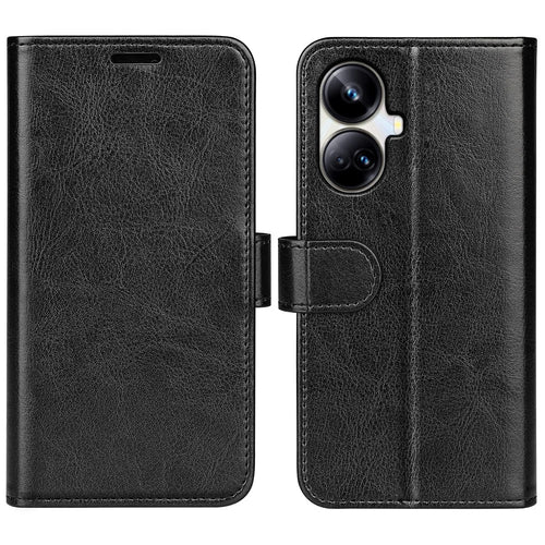 For Realme 10 Pro+ 5G Anti-Fingerprint PU Leather Coated TPU Phone Wallet Cover Crazy Horse Texture Flip Stand Case - Black - 1