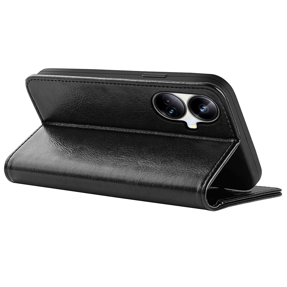 For Realme 10 Pro+ 5G Anti-Fingerprint PU Leather Coated TPU Phone Wallet Cover Crazy Horse Texture Flip Stand Case - Black - 6