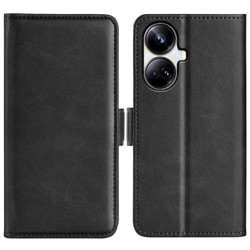 For Realme 10 Pro+ 5G Drop Protection Cell Phone Cover PU Leather Dual Magnetic Clasp Calf Texture Stand Case Wallet - Black - 1