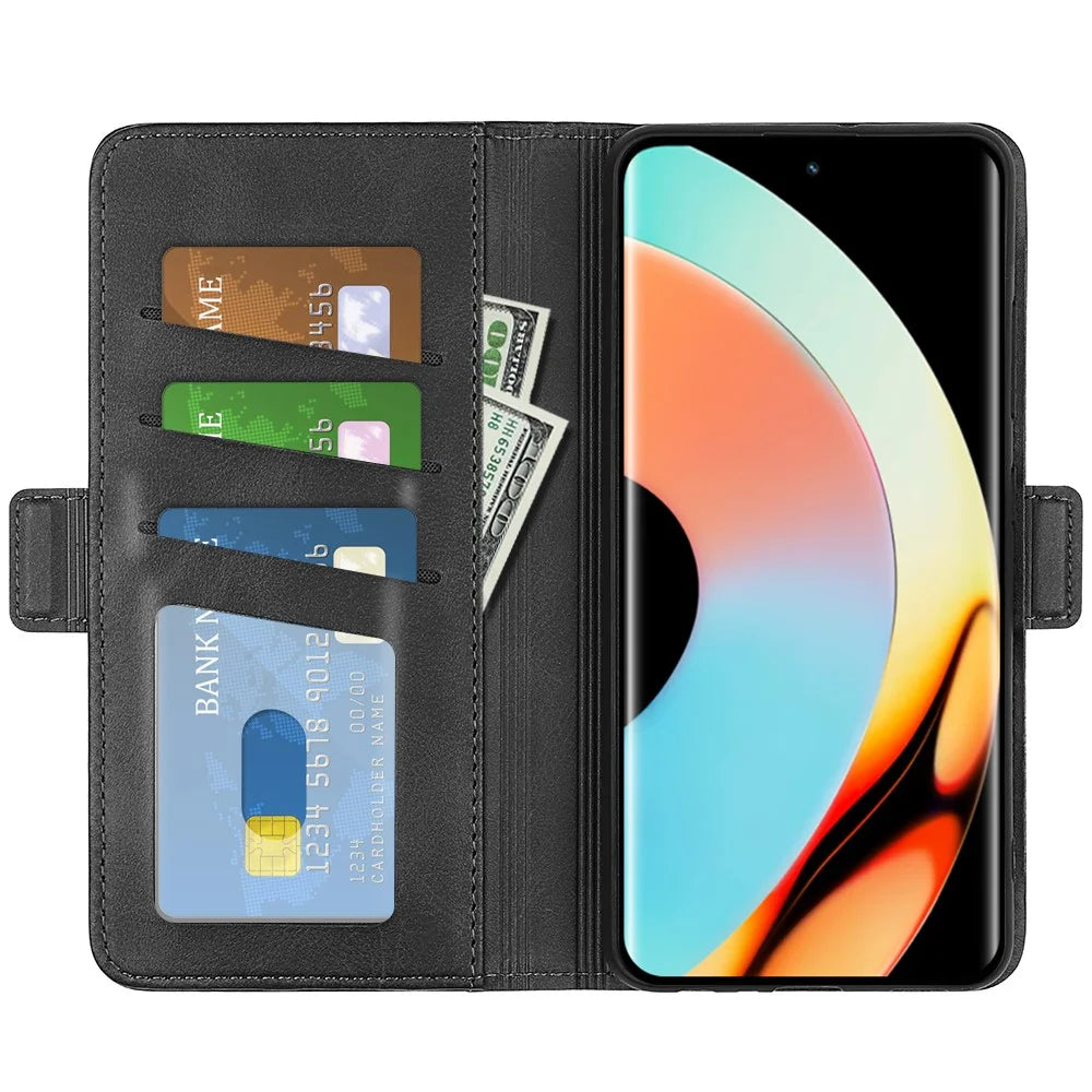 For Realme 10 Pro+ 5G Drop Protection Cell Phone Cover PU Leather Dual Magnetic Clasp Calf Texture Stand Case Wallet - Black - 2