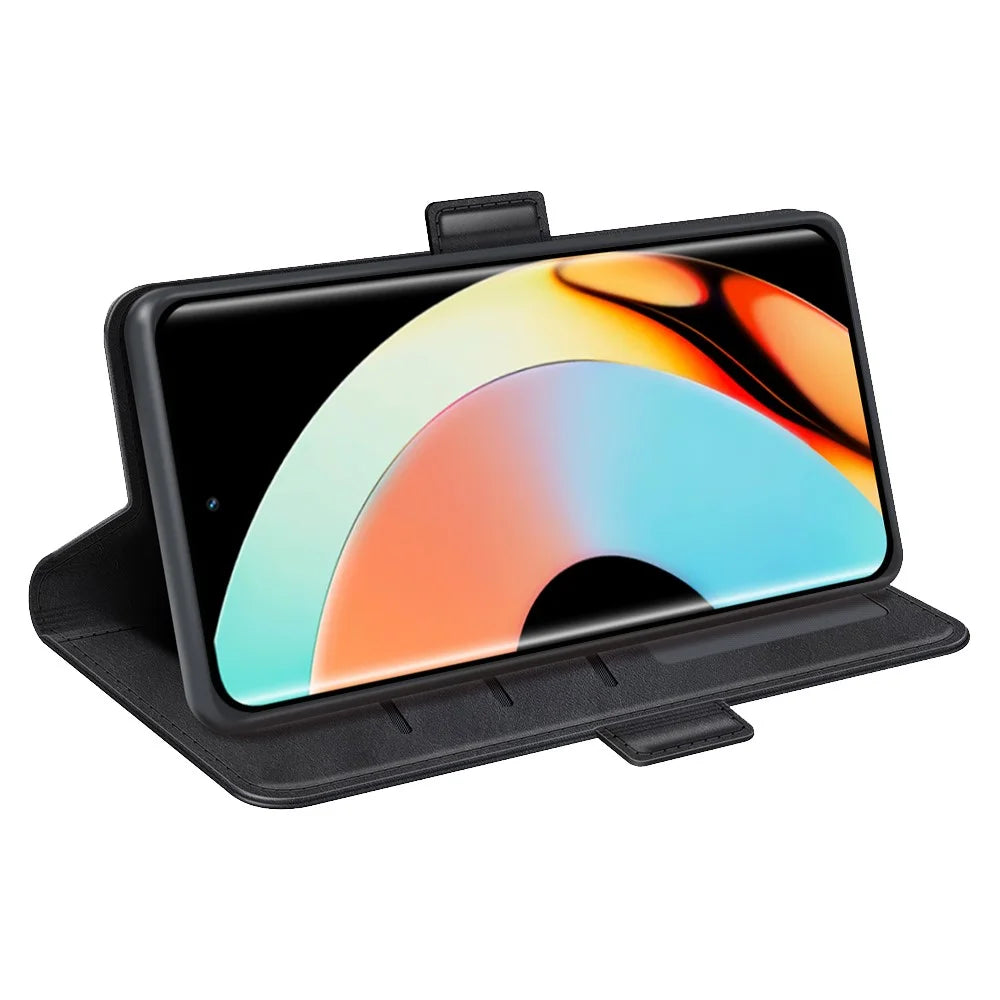 For Realme 10 Pro+ 5G Drop Protection Cell Phone Cover PU Leather Dual Magnetic Clasp Calf Texture Stand Case Wallet - Black - 3