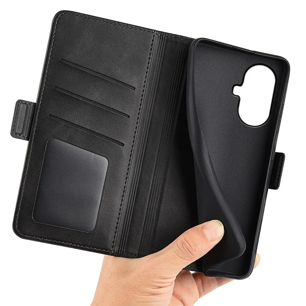 For Realme 10 Pro+ 5G Drop Protection Cell Phone Cover PU Leather Dual Magnetic Clasp Calf Texture Stand Case Wallet - Black - 4