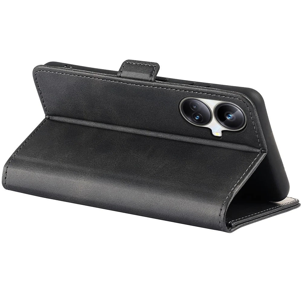 For Realme 10 Pro+ 5G Drop Protection Cell Phone Cover PU Leather Dual Magnetic Clasp Calf Texture Stand Case Wallet - Black - 5