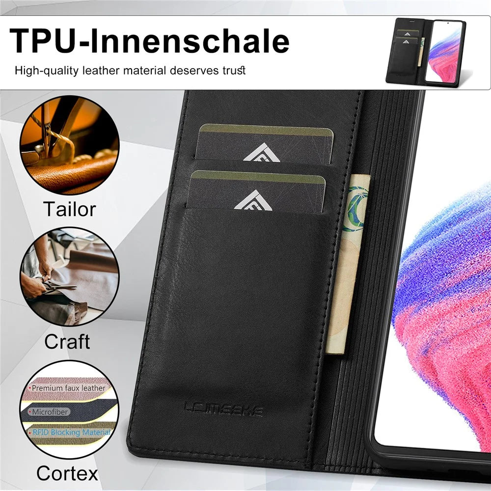 LC.IMEEKE For Samsung Galaxy A54 5G Anti-scratch PU Leather Flip Phone Wallet Case RFID Blocking Stand Magnetic Absorption Drop-proof Phone Cover - Black - 5