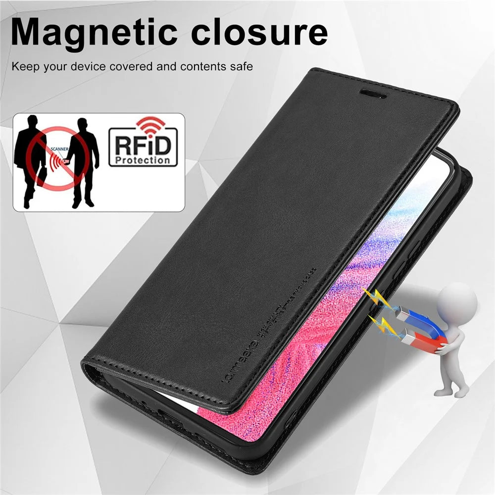 LC.IMEEKE For Samsung Galaxy A54 5G Anti-scratch PU Leather Flip Phone Wallet Case RFID Blocking Stand Magnetic Absorption Drop-proof Phone Cover - Black - 6