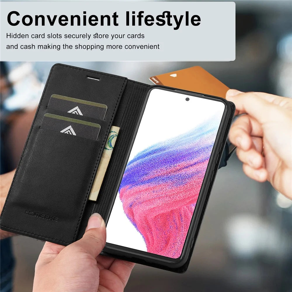 LC.IMEEKE For Samsung Galaxy A54 5G Anti-scratch PU Leather Flip Phone Wallet Case RFID Blocking Stand Magnetic Absorption Drop-proof Phone Cover - Black - 7