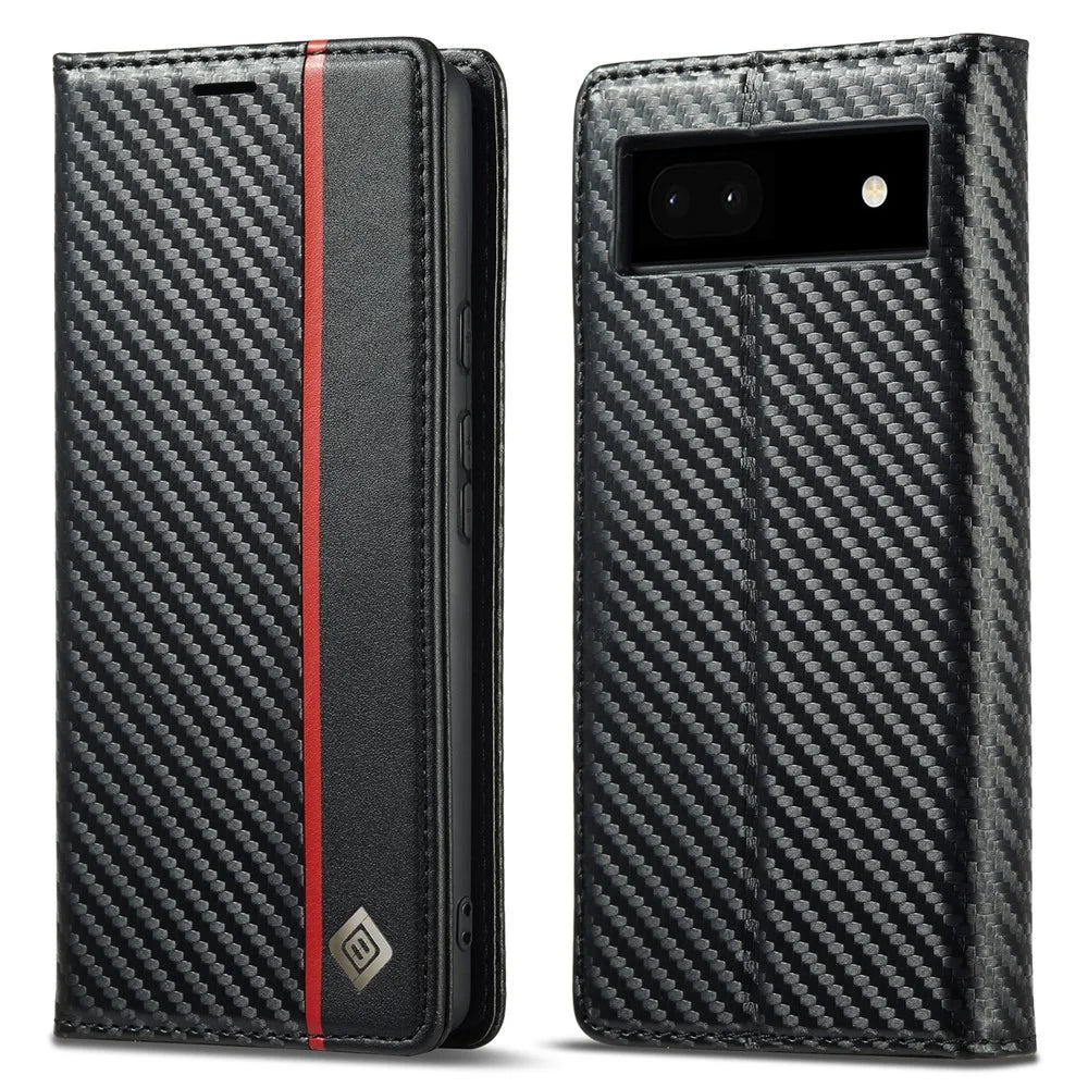 LC.IMEEKE for Google Pixel 6a Carbon Fiber Texture Phone Wallet Case PU Leather Stand Full Protection Flip Phone Cover - Vertical Stripe - 1