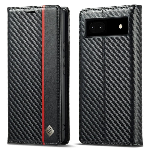 LC.IMEEKE for Google Pixel 6a Carbon Fiber Texture Phone Wallet Case PU Leather Stand Full Protection Flip Phone Cover - Vertical Stripe - 1