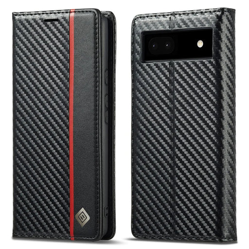 LC.IMEEKE for Google Pixel 6a Carbon Fiber Texture Phone Wallet Case PU Leather Stand Full Protection Flip Phone Cover - Vertical Stripe - 1