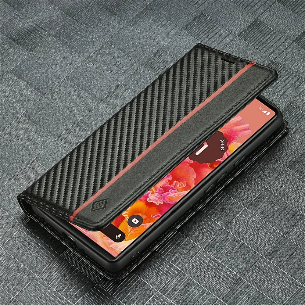 LC.IMEEKE for Google Pixel 6a Carbon Fiber Texture Phone Wallet Case PU Leather Stand Full Protection Flip Phone Cover - Vertical Stripe - 4