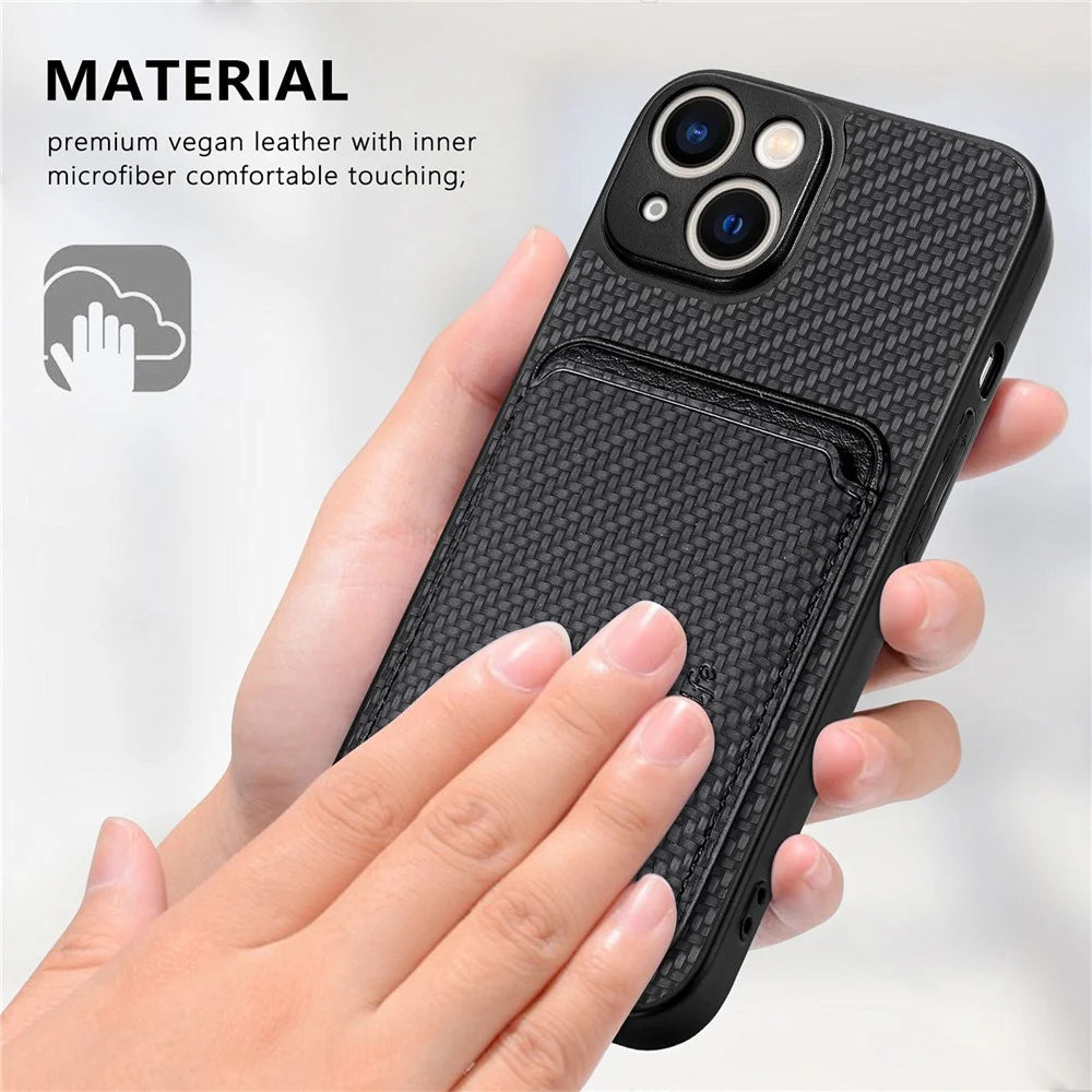 For iPhone 14 Detachable 2-in-1 Magnetic Card Holder Phone Case Carbon Fiber Texture PU Leather + TPU + PC Anti-drop Protective Cover - Black - 7