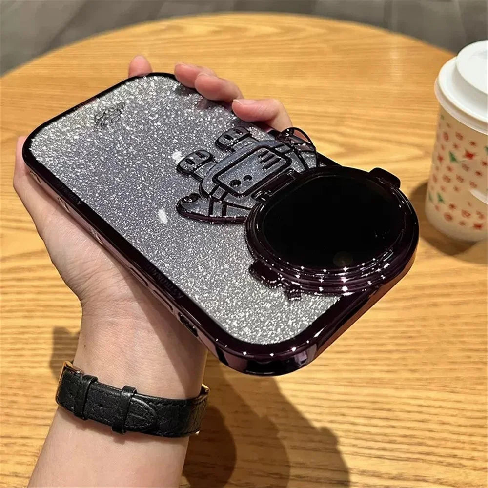Spaceman Glitter Phone Case for iPhone 14 Pro Max Shockproof Case Anti-Fall Electroplating TPU Phone Shell with Lens Cover Kickstand - Purple - 1