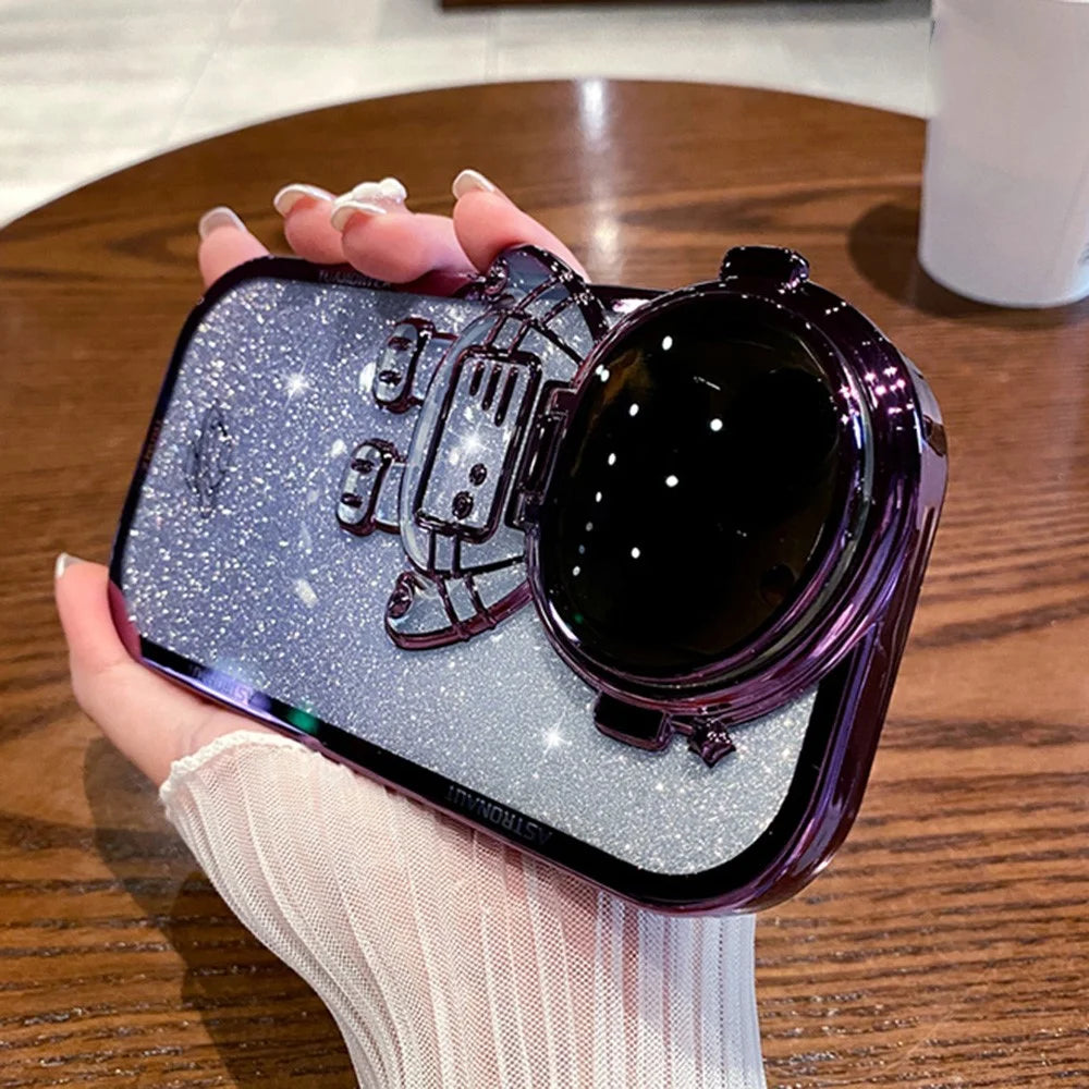 Spaceman Glitter Phone Case for iPhone 14 Pro Max Shockproof Case Anti-Fall Electroplating TPU Phone Shell with Lens Cover Kickstand - Purple - 3