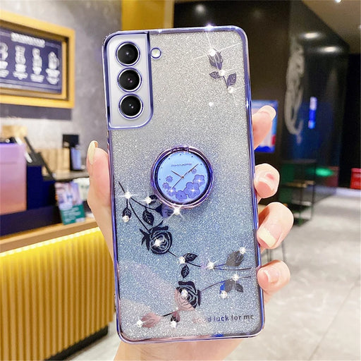 KADEM For Samsung Galaxy S21 5G / 4G TPU Case with Kickstand Glitter Flower Pattern Rhinestone Decor - Blue - 1
