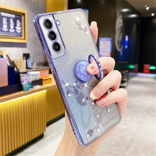 KADEM For Samsung Galaxy S21 5G / 4G TPU Case with Kickstand Glitter Flower Pattern Rhinestone Decor - Blue - 2