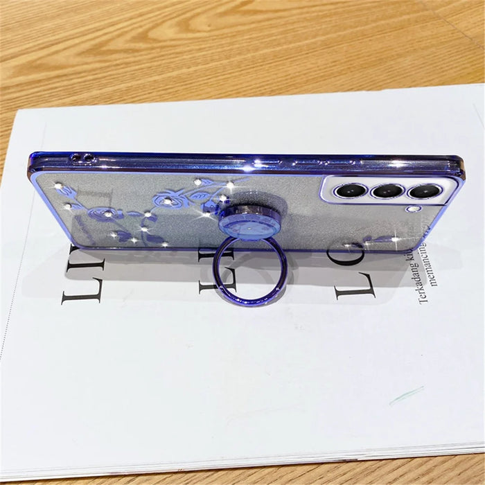 KADEM For Samsung Galaxy S21 5G / 4G TPU Case with Kickstand Glitter Flower Pattern Rhinestone Decor - Blue - 3