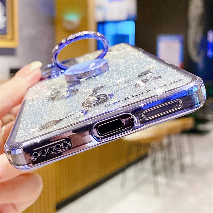 KADEM For Samsung Galaxy S21 5G / 4G TPU Case with Kickstand Glitter Flower Pattern Rhinestone Decor - Blue - 4