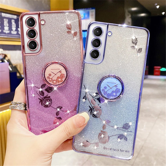 KADEM For Samsung Galaxy S21 5G / 4G TPU Case with Kickstand Glitter Flower Pattern Rhinestone Decor - Blue - 5