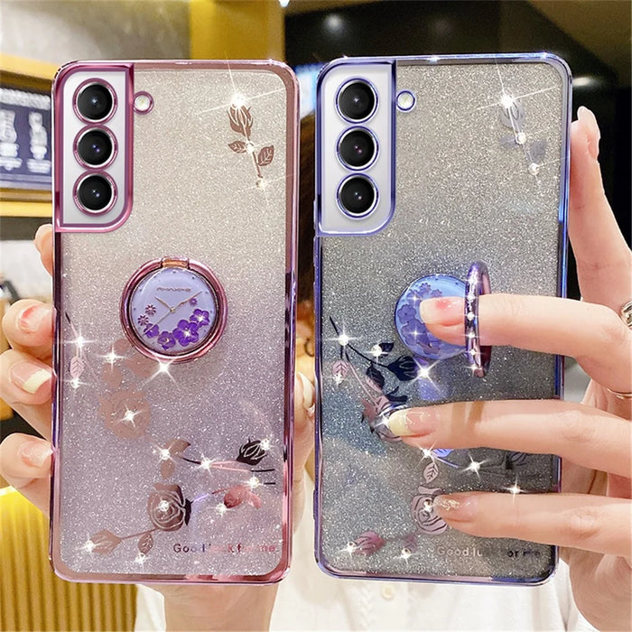 KADEM For Samsung Galaxy S21 5G / 4G TPU Case with Kickstand Glitter Flower Pattern Rhinestone Decor - Blue - 6