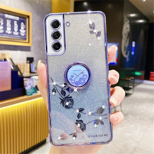 KADEM For Samsung Galaxy S21 FE 5G TPU Case with Ring Kickstand Flower Pattern Rhinestone Decor - Blue - 1