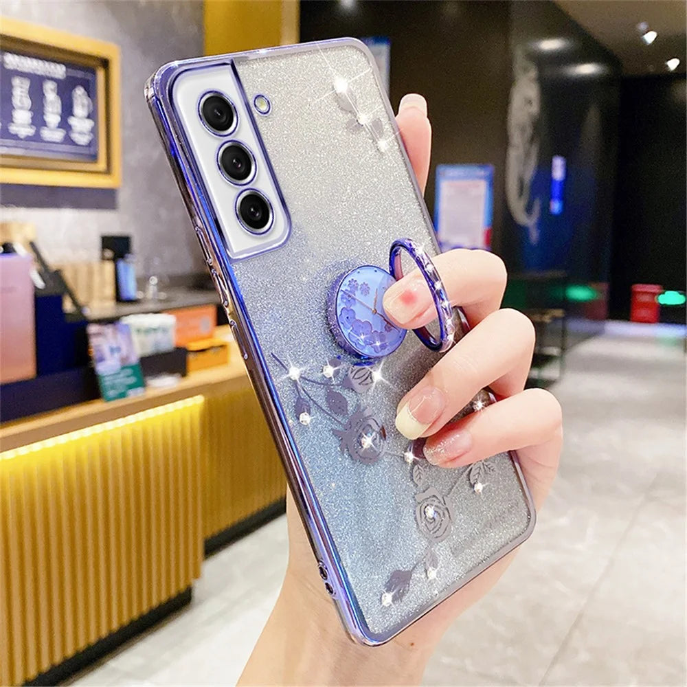 KADEM For Samsung Galaxy S21 FE 5G TPU Case with Ring Kickstand Flower Pattern Rhinestone Decor - Blue - 2