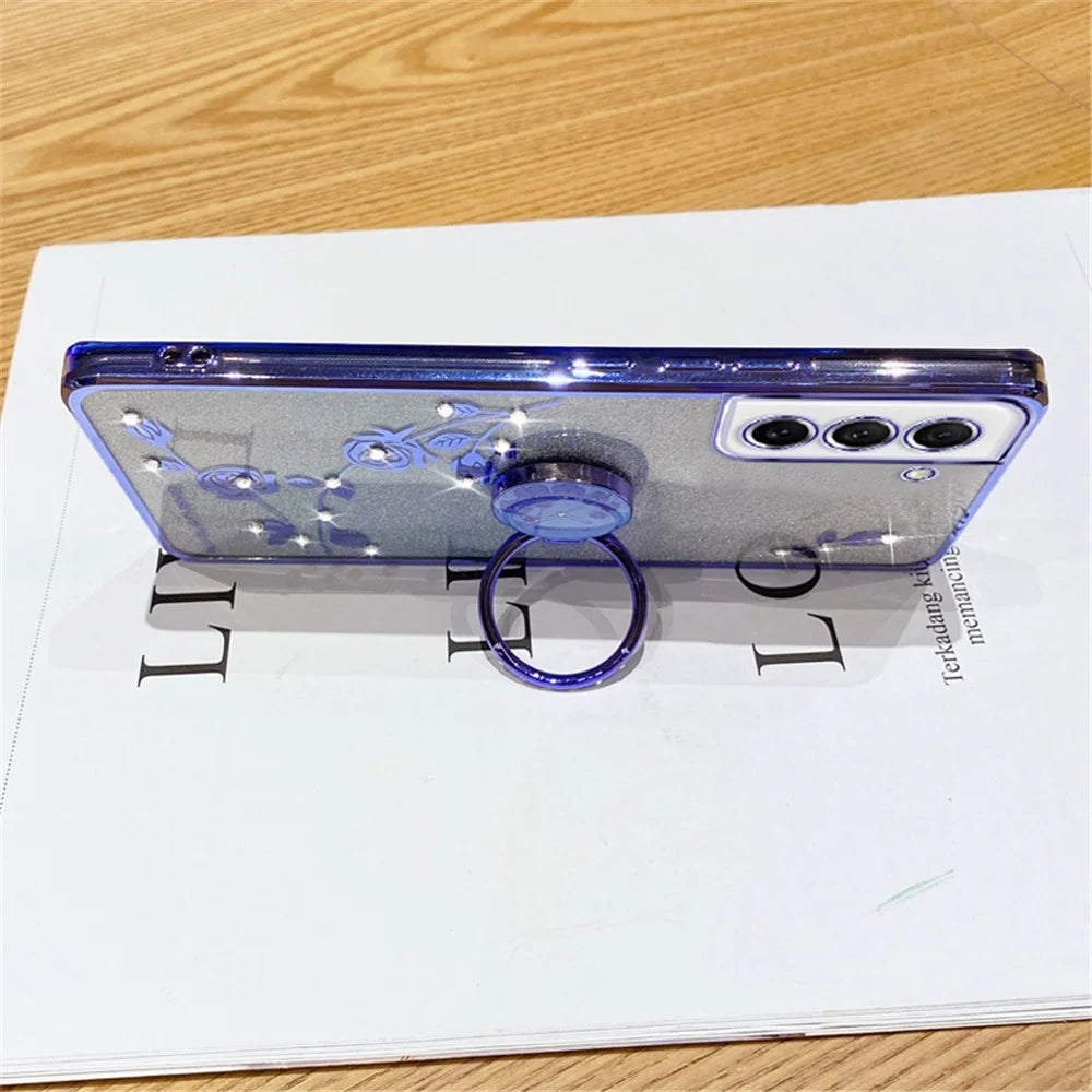 KADEM For Samsung Galaxy S21 FE 5G TPU Case with Ring Kickstand Flower Pattern Rhinestone Decor - Blue - 3