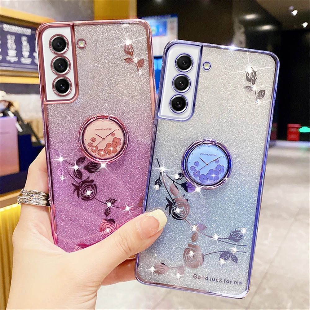 KADEM For Samsung Galaxy S21 FE 5G TPU Case with Ring Kickstand Flower Pattern Rhinestone Decor - Blue - 5