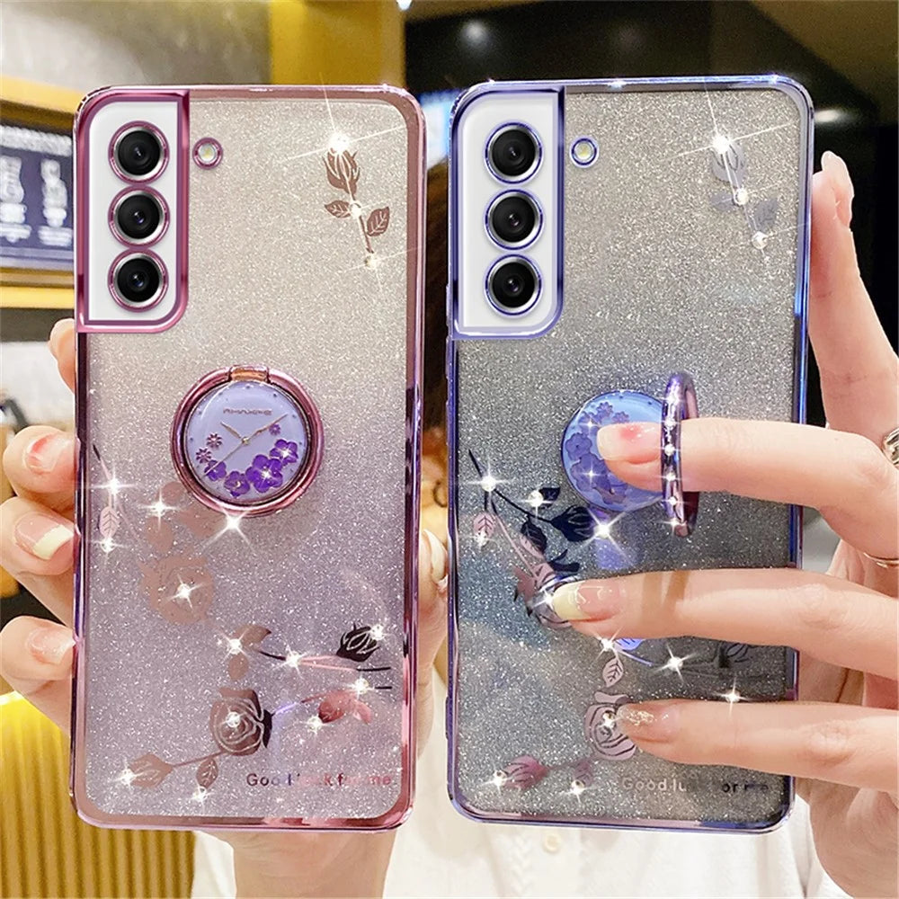 KADEM For Samsung Galaxy S21 FE 5G TPU Case with Ring Kickstand Flower Pattern Rhinestone Decor - Blue - 6